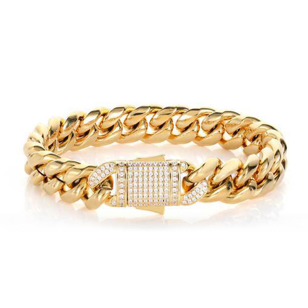 Stainless Steel Cuban Link Bracelet for Men | CZ-Inlaid Clasp 10mm-12mm