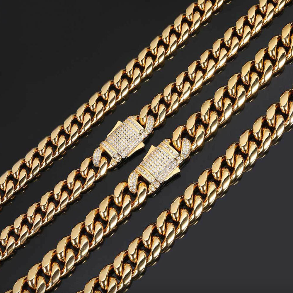 Stainless Steel Cuban Link Chain for Men | CZ-Inlaid Clasp 10mm-12mm
