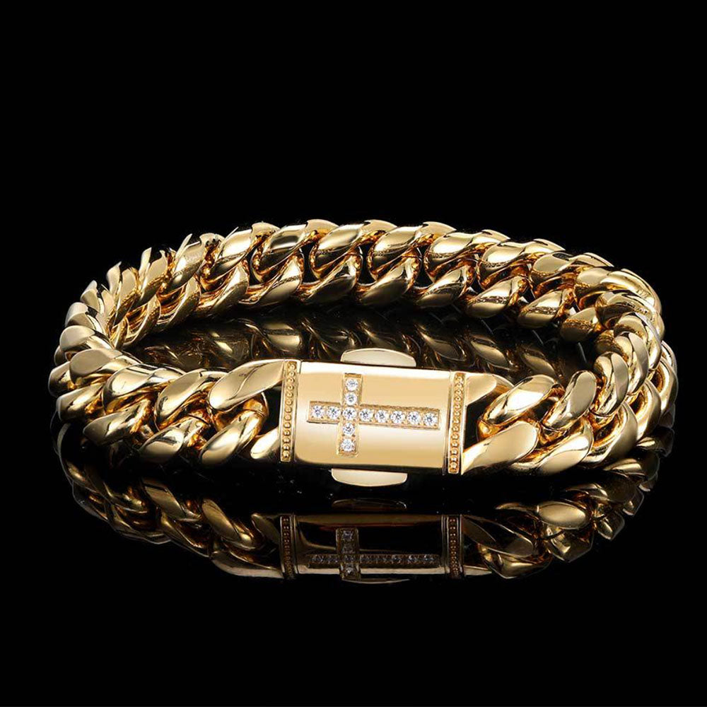 Stainless Steel Men’s Cuban Link Bracelet 12mm | CZ Cross Design