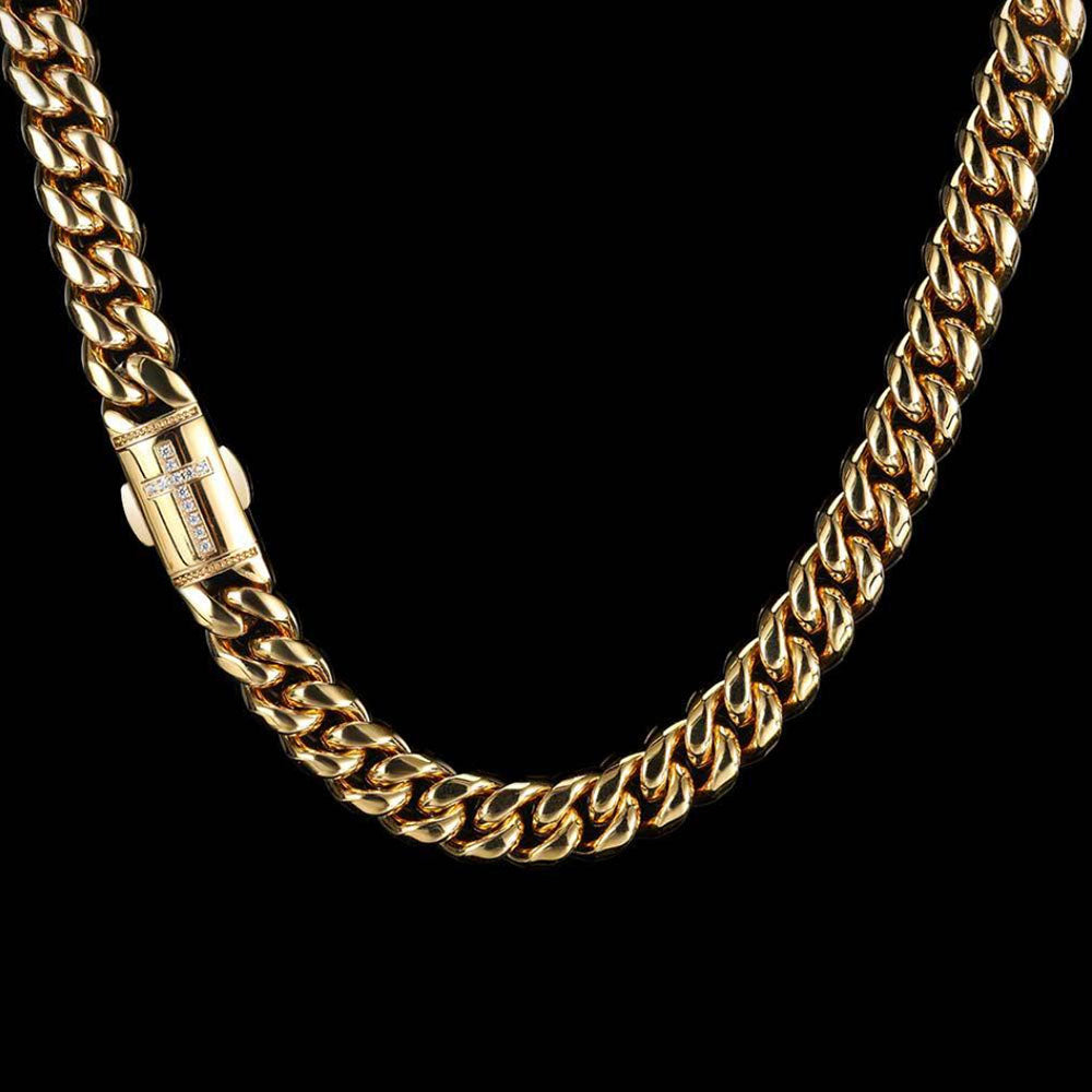 Stainless Steel Men’s Cuban Link Chain 12mm | CZ Cross Design