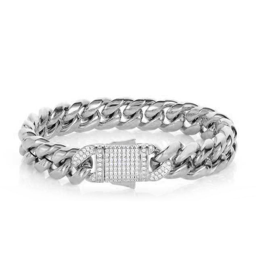 Stainless Steel Cuban Link Bracelet for Men | CZ-Inlaid Clasp 10mm-12mm