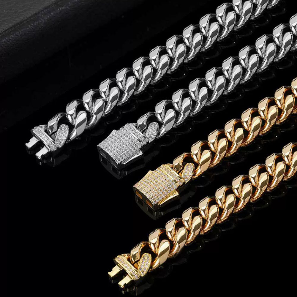 Stainless Steel Cuban Link Bracelet for Men | CZ-Inlaid Clasp 10mm-12mm