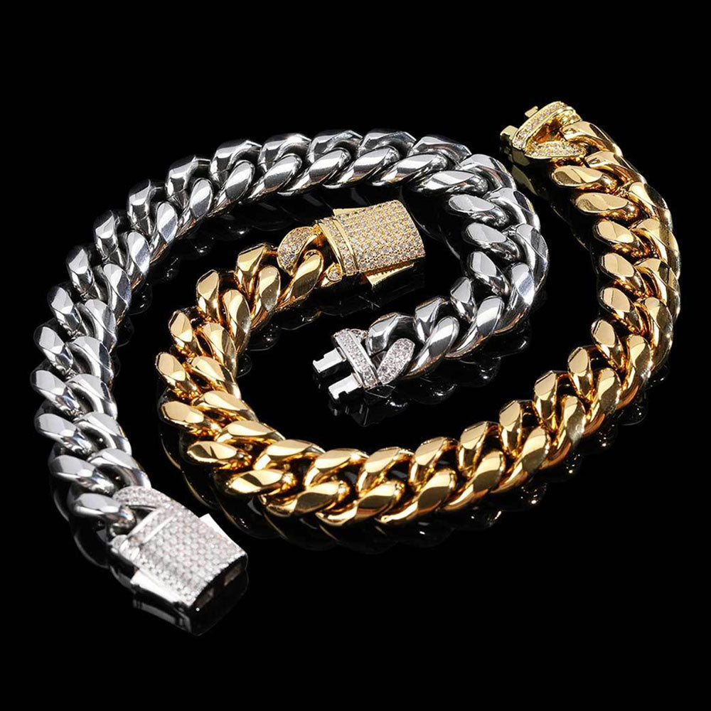 Stainless Steel Cuban Link Bracelet for Men | CZ-Inlaid Clasp 10mm-12mm