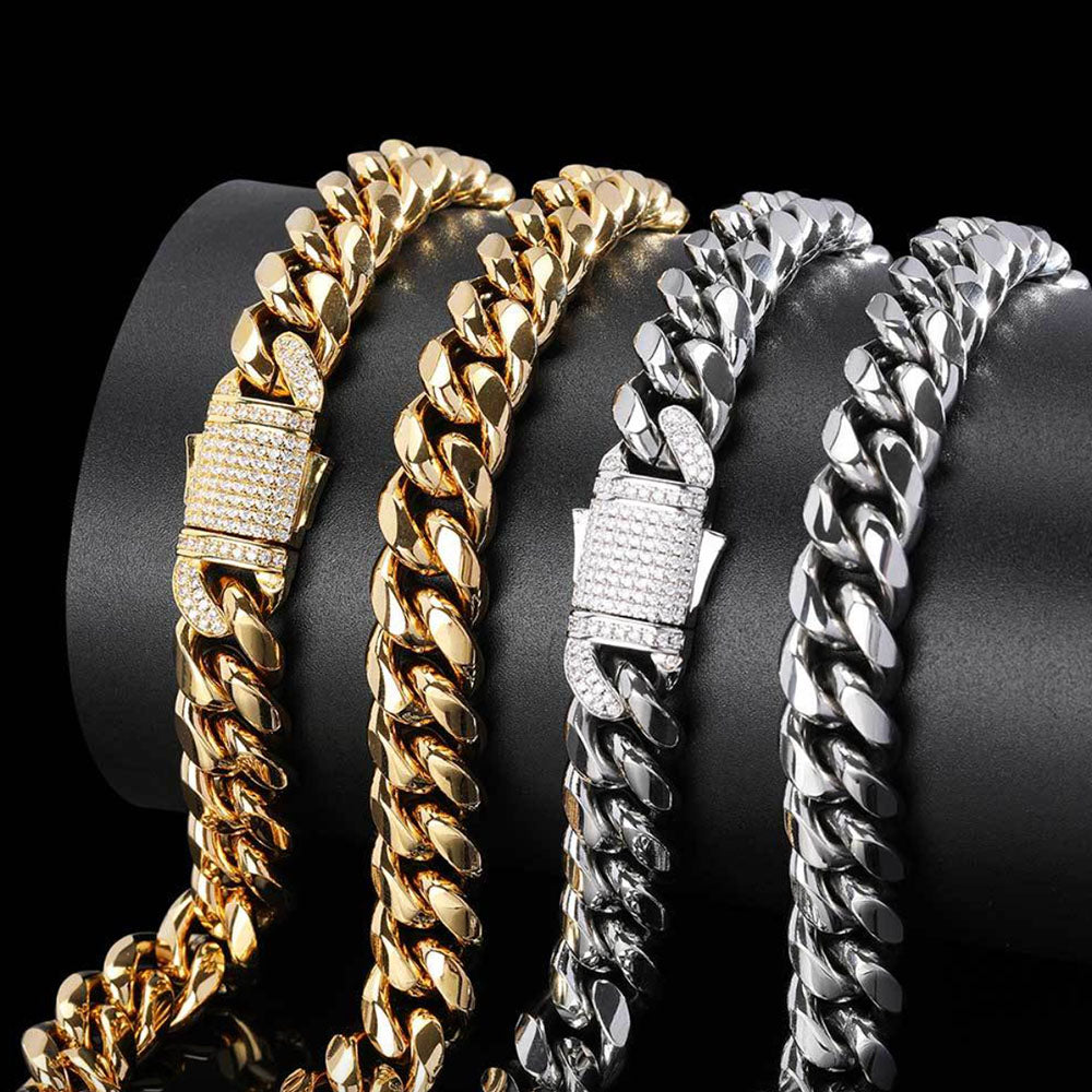 Stainless Steel Cuban Link Bracelet for Men | CZ-Inlaid Clasp 10mm-12mm