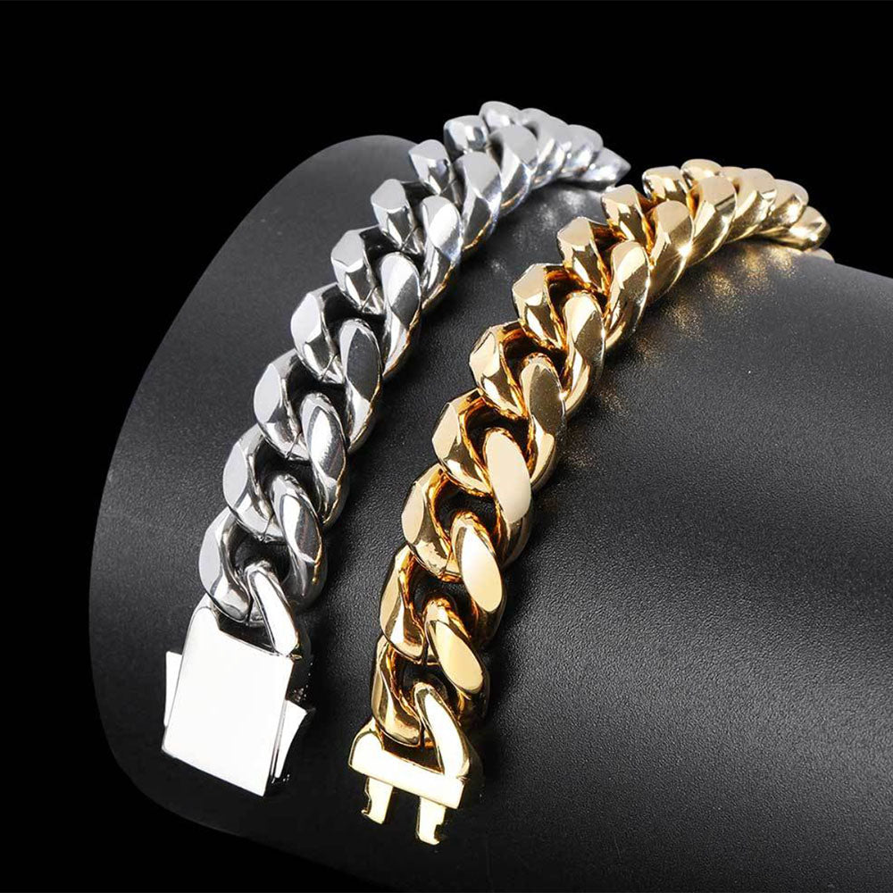 Stainless Steel Cuban Link Bracelet for Men | CZ-Inlaid Clasp 10mm-12mm