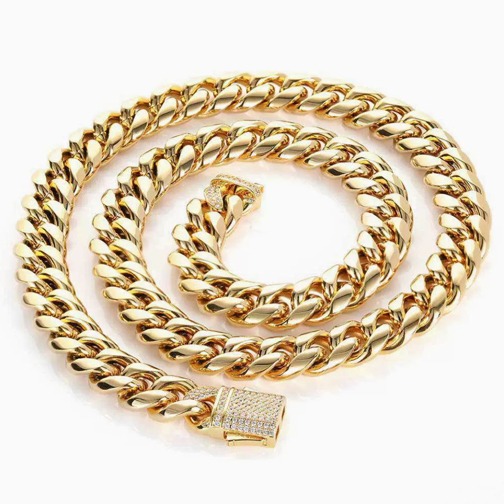 Stainless Steel Cuban Link Chain for Men | CZ-Inlaid Clasp 10mm-12mm