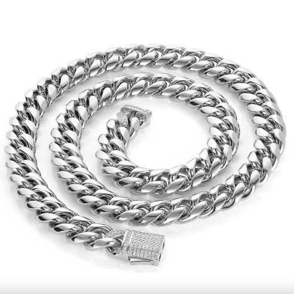 Stainless Steel Cuban Link Chain for Men | CZ-Inlaid Clasp 10mm-12mm