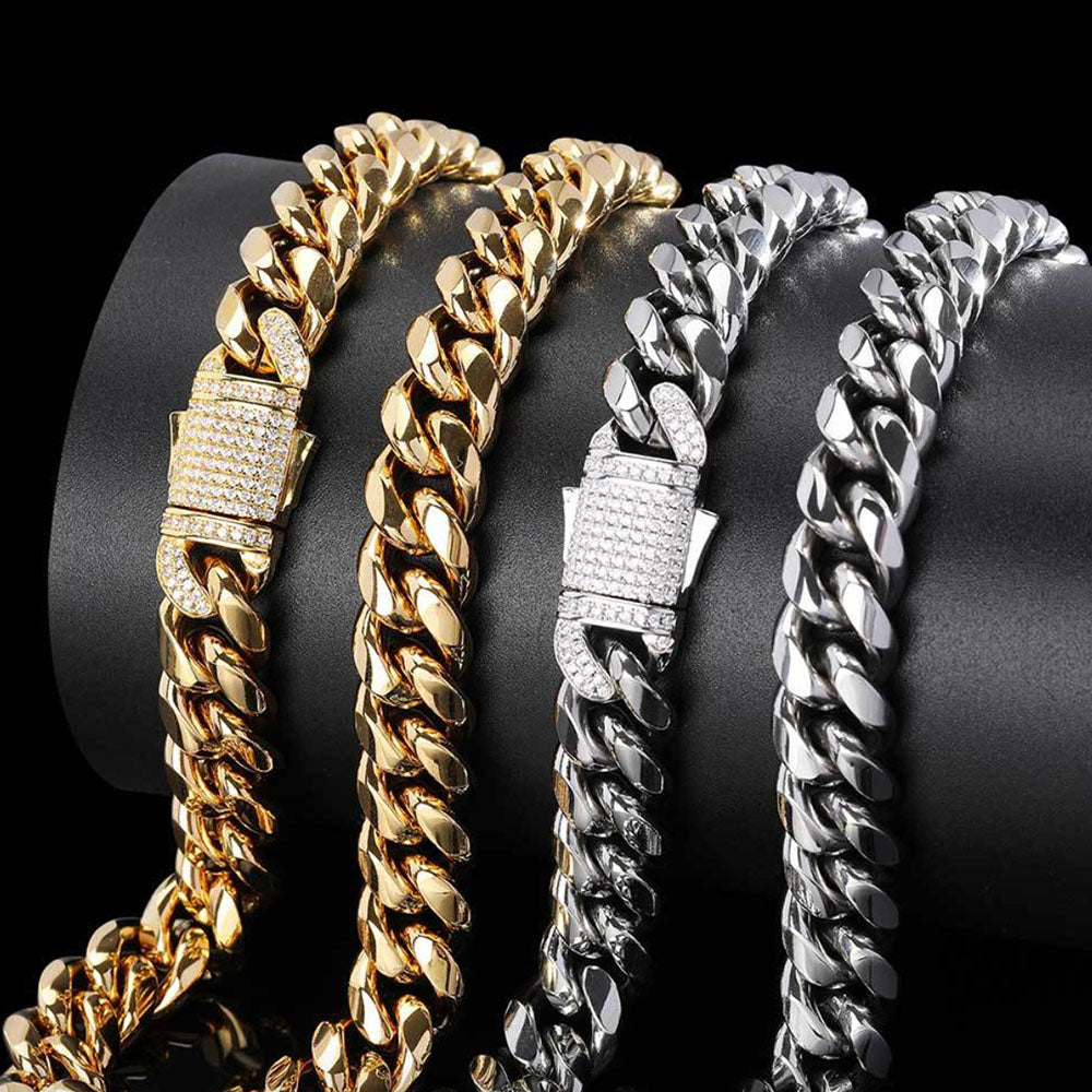 Stainless Steel Cuban Link Chain for Men | CZ-Inlaid Clasp 10mm-12mm
