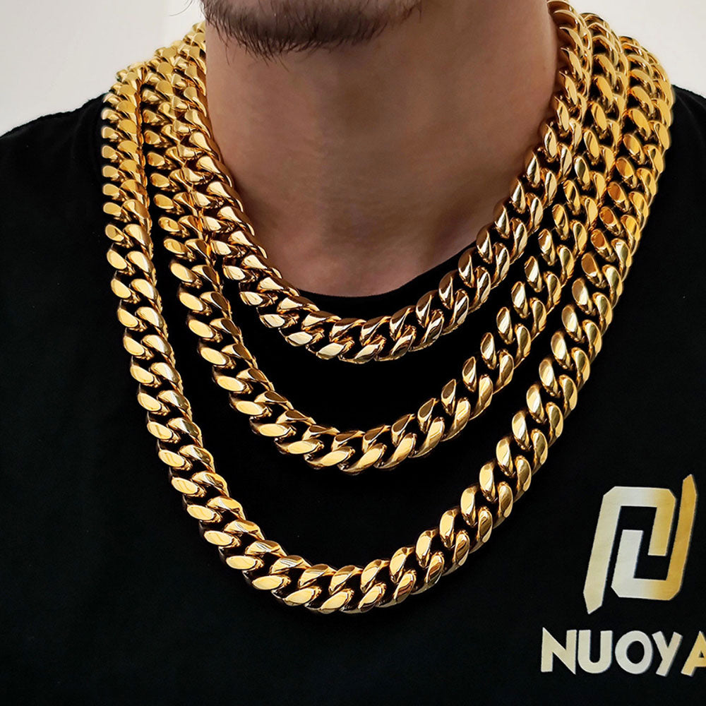 Stainless Steel Cuban Link Chain for Men | CZ-Inlaid Clasp 10mm-12mm