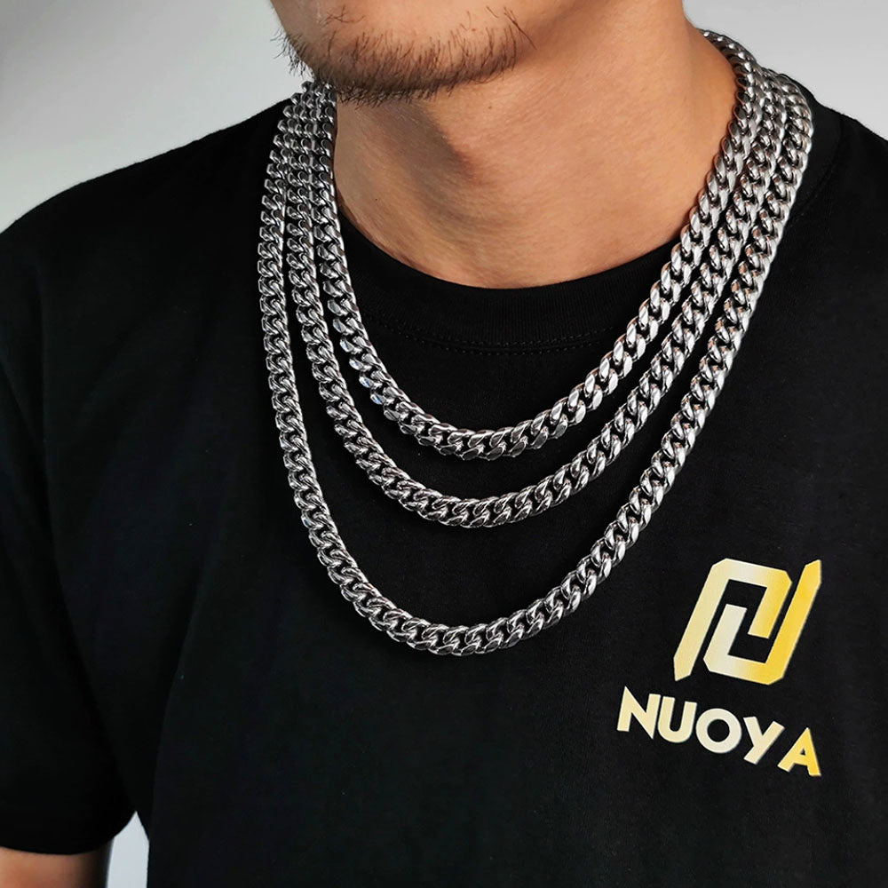 Stainless Steel Cuban Link Chain for Men | CZ-Inlaid Clasp 10mm-12mm