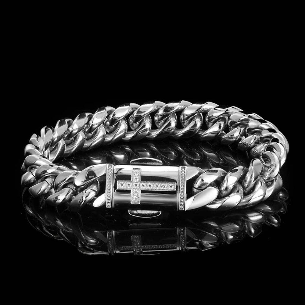 Stainless Steel Men’s Cuban Link Bracelet 12mm | CZ Cross Design