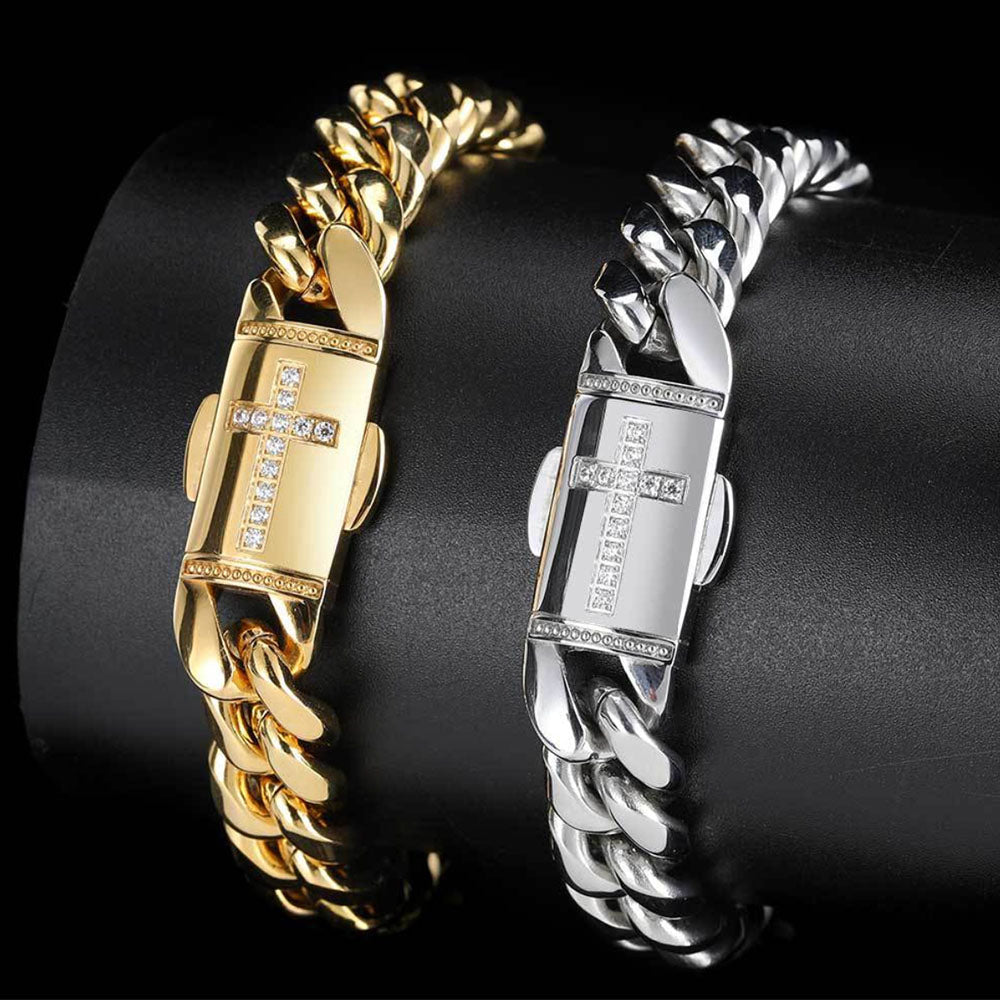 Stainless Steel Men’s Cuban Link Bracelet 12mm | CZ Cross Design