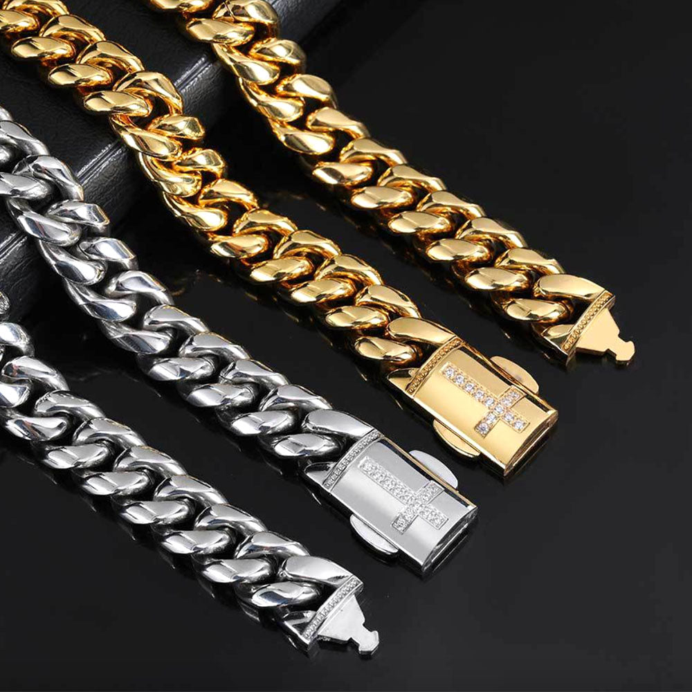 Stainless Steel Men’s Cuban Link Bracelet 12mm | CZ Cross Design