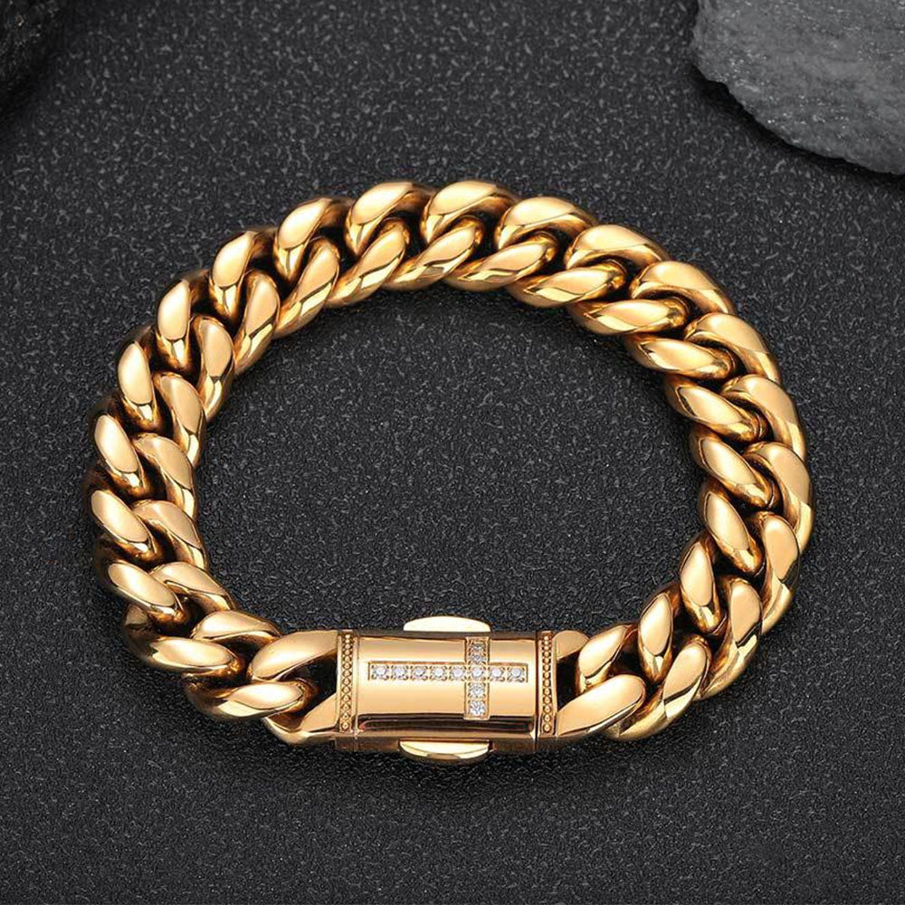 Stainless Steel Men’s Cuban Link Bracelet 12mm | CZ Cross Design