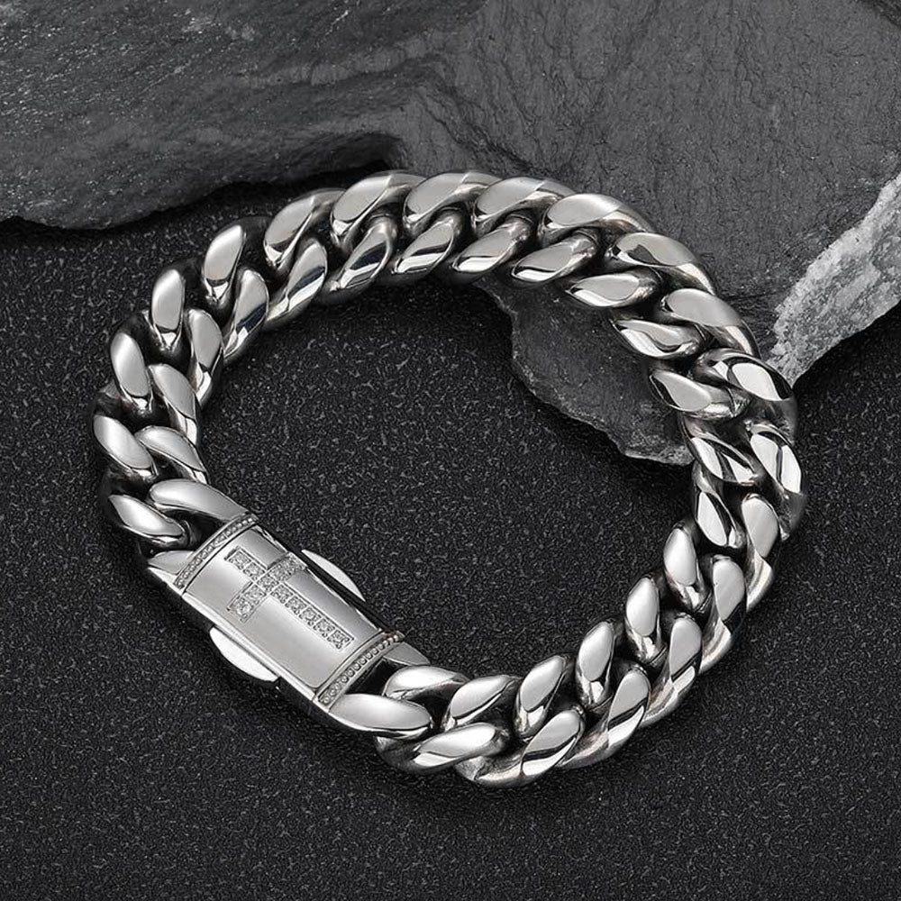Stainless Steel Men’s Cuban Link Bracelet 12mm | CZ Cross Design
