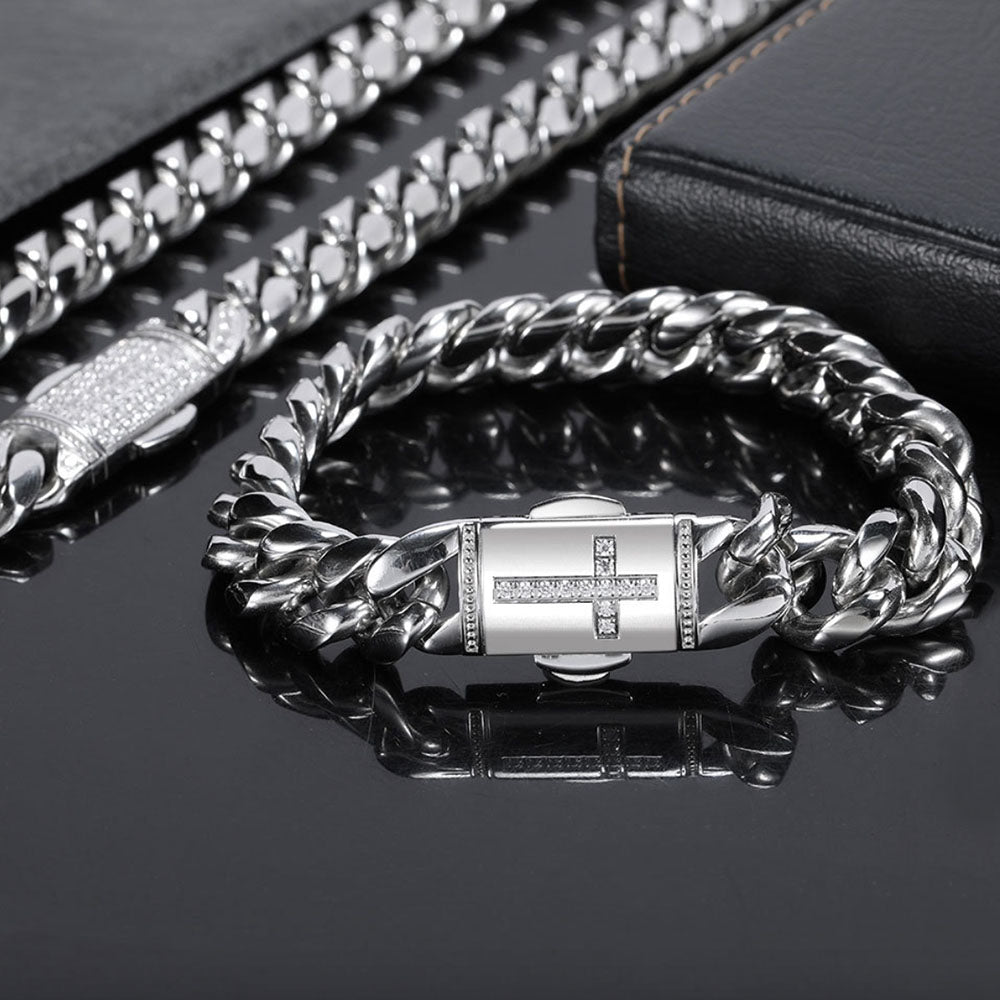 Stainless Steel Men’s Cuban Link Bracelet 12mm | CZ Cross Design