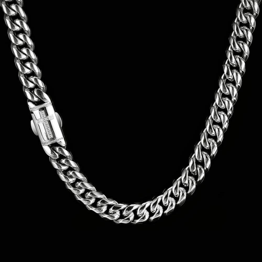 Stainless Steel Men’s Cuban Link Chain 12mm | CZ Cross Design
