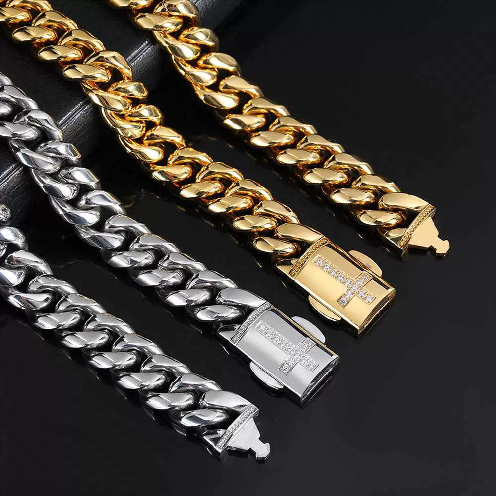 Stainless Steel Men’s Cuban Link Chain 12mm | CZ Cross Design