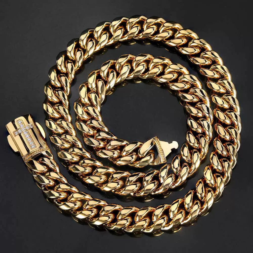 Stainless Steel Men’s Cuban Link Chain 12mm | CZ Cross Design