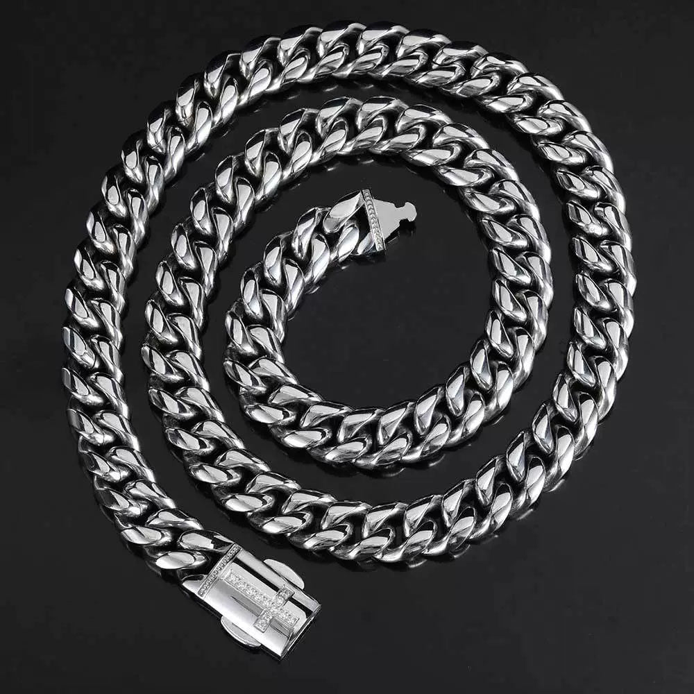 Stainless Steel Men’s Cuban Link Chain 12mm | CZ Cross Design