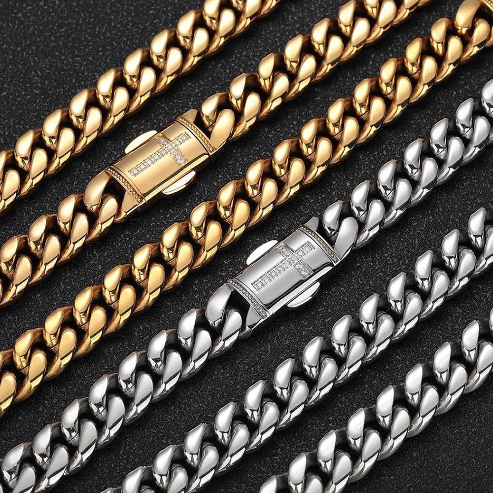 Stainless Steel Men’s Cuban Link Chain 12mm | CZ Cross Design