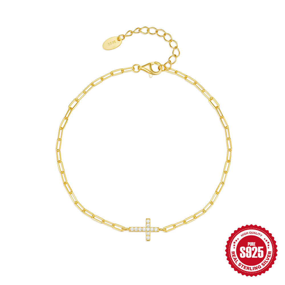 Sterling Silver CZ Cross Paperclip Chain Bracelet