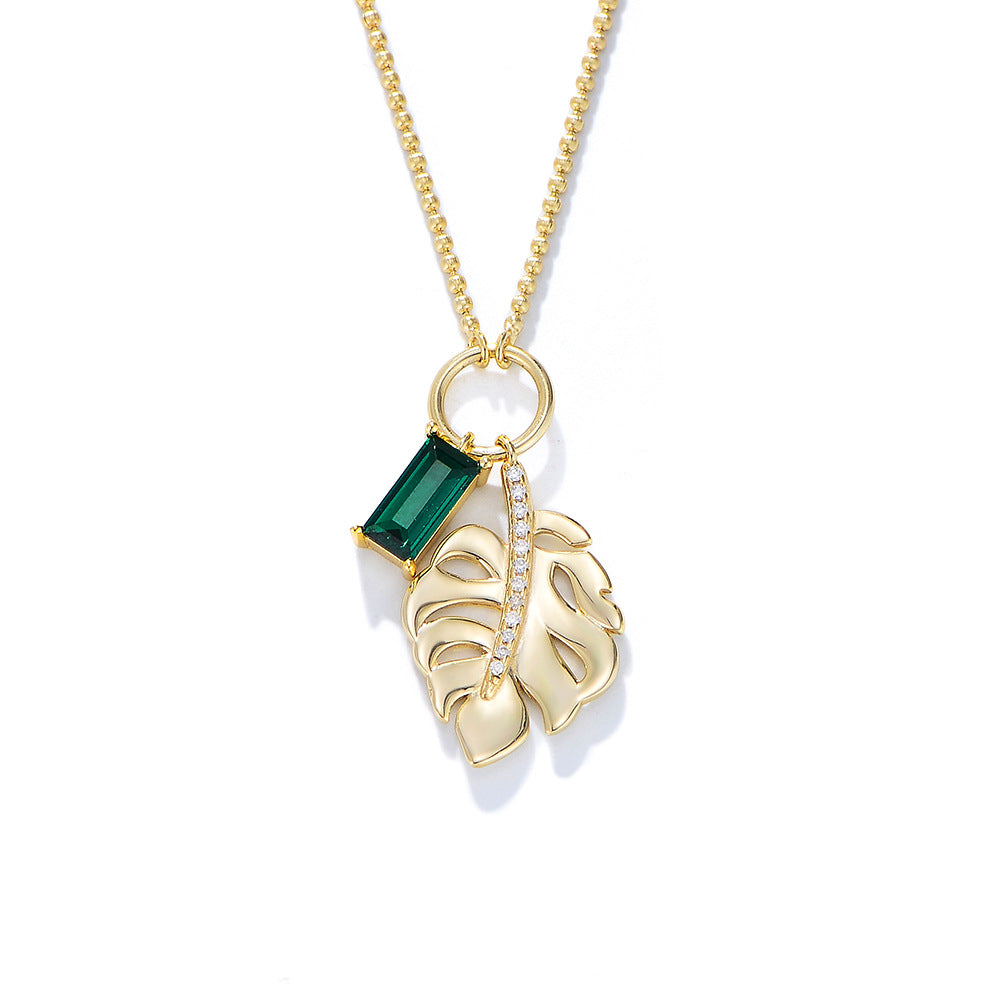 Sterling Silver Green CZ Leaf Pendant Necklace