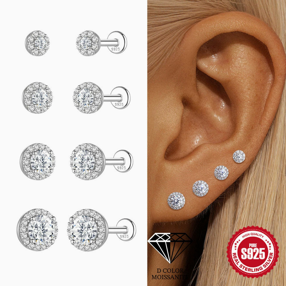 Silver earrings with clear gemstones displayed on a white background, shown on an ear, and with a '925' stamp.