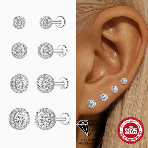 Silver earrings with clear gemstones displayed on a white background, shown on an ear, and with a '925' stamp.