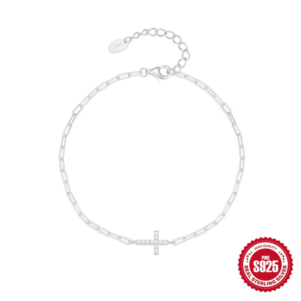 Sterling Silver CZ Cross Paperclip Chain Bracelet