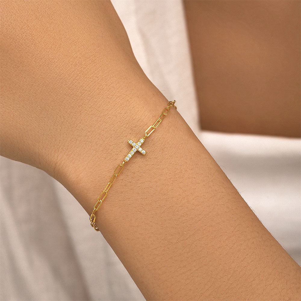 Sterling Silver CZ Cross Paperclip Chain Bracelet