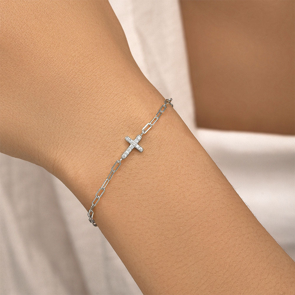Sterling Silver CZ Cross Paperclip Chain Bracelet
