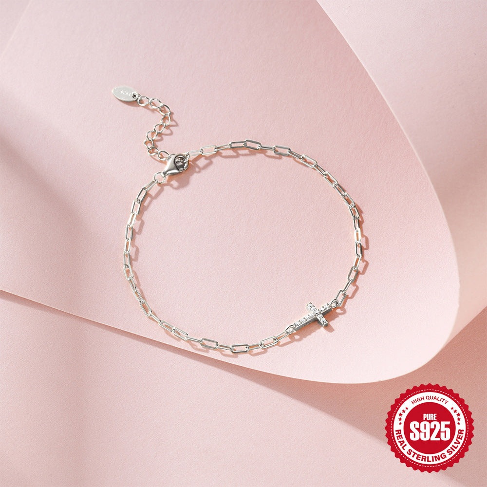 Sterling Silver CZ Cross Paperclip Chain Bracelet