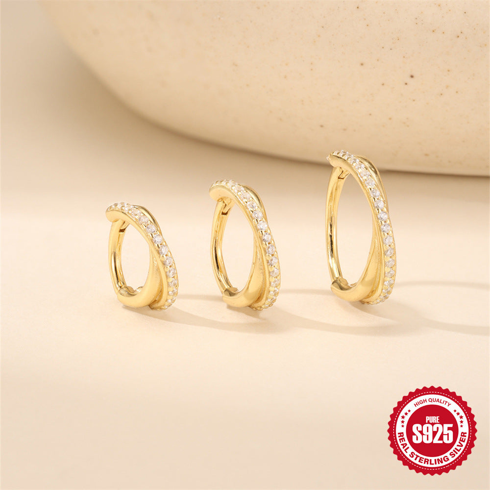Sterling Silver CZ Crossover Huggie Hoop Earrings