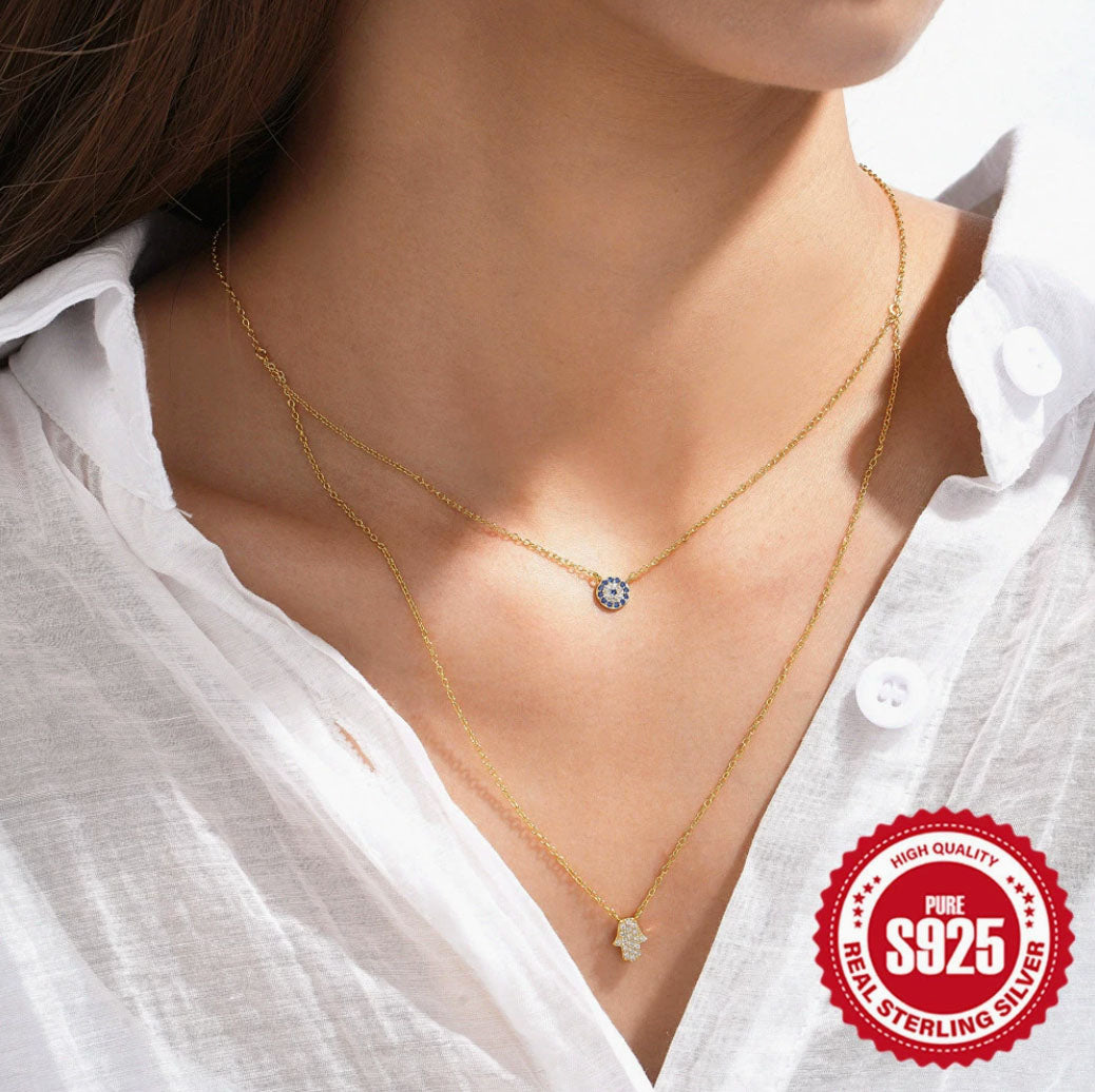 Sterling Silver CZ Hamsa Layered Necklace
