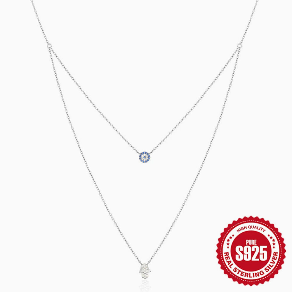 Sterling Silver CZ Hamsa Layered Necklace