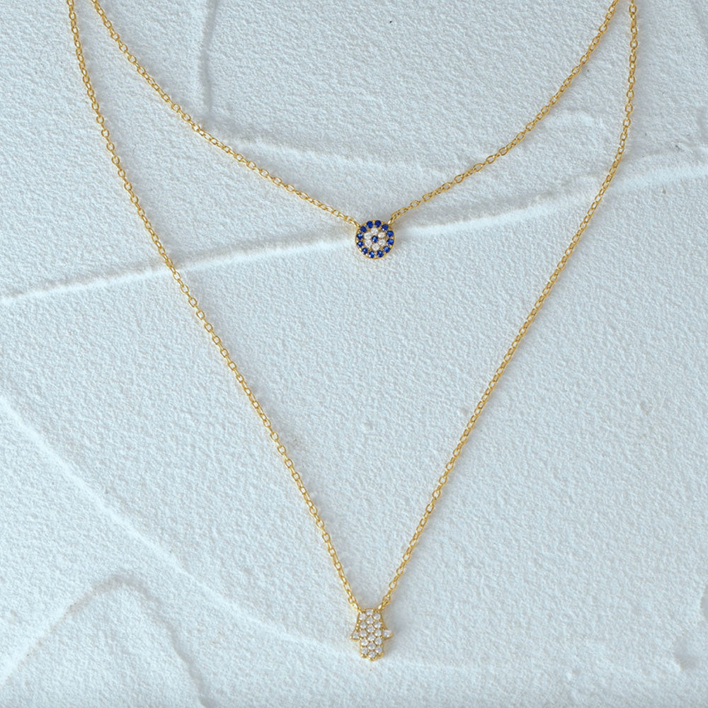 Sterling Silver CZ Hamsa Layered Necklace