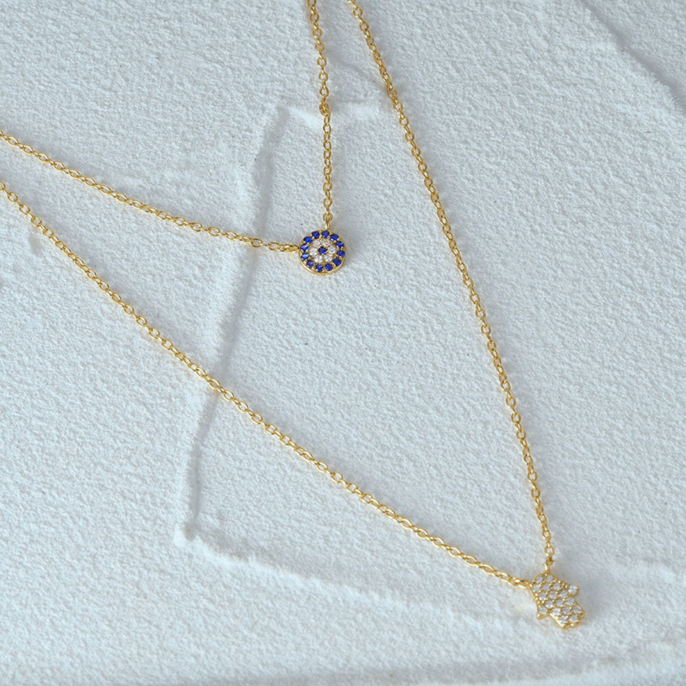 Sterling Silver CZ Hamsa Layered Necklace