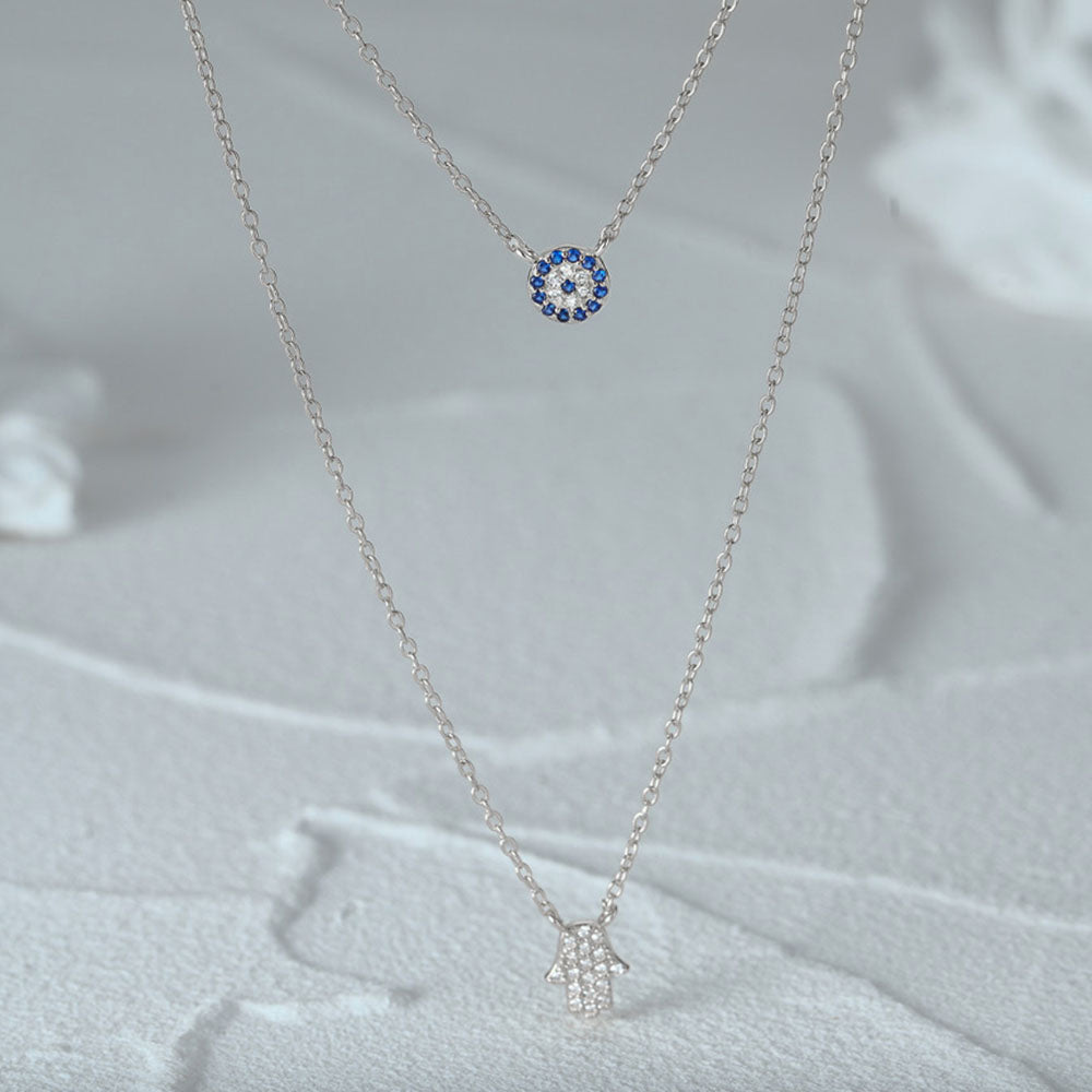 Sterling Silver CZ Hamsa Layered Necklace
