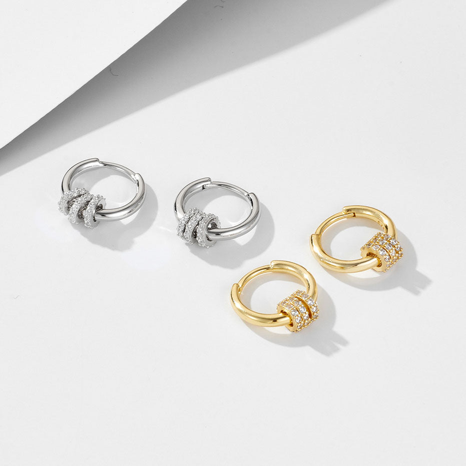 Sterling Silver CZ Triple-Ring Huggie Hoop Earrings