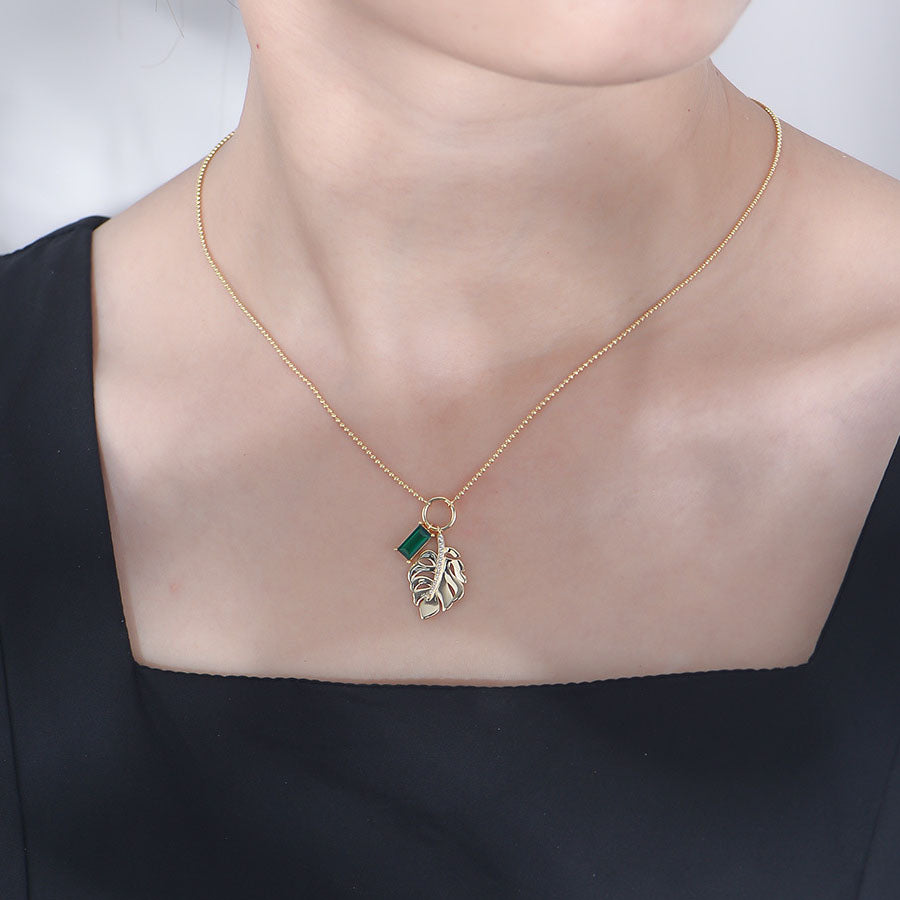 Sterling Silver Green CZ Leaf Pendant Necklace