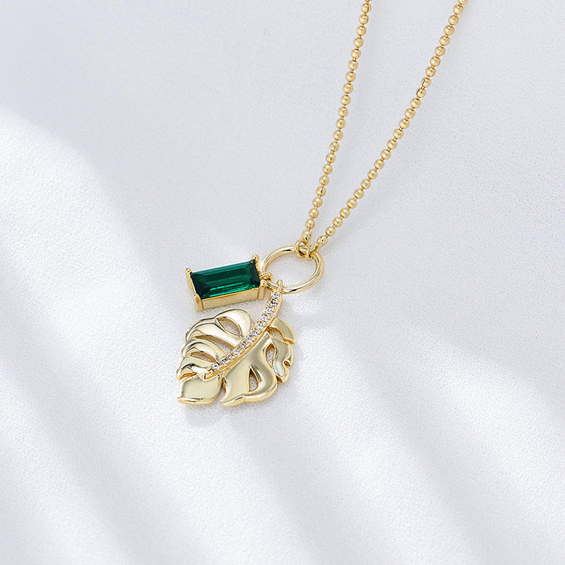 Sterling Silver Green CZ Leaf Pendant Necklace