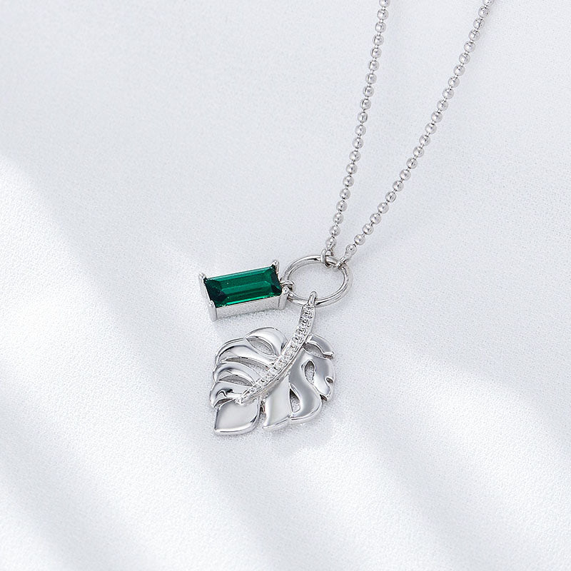 Sterling Silver Green CZ Leaf Pendant Necklace