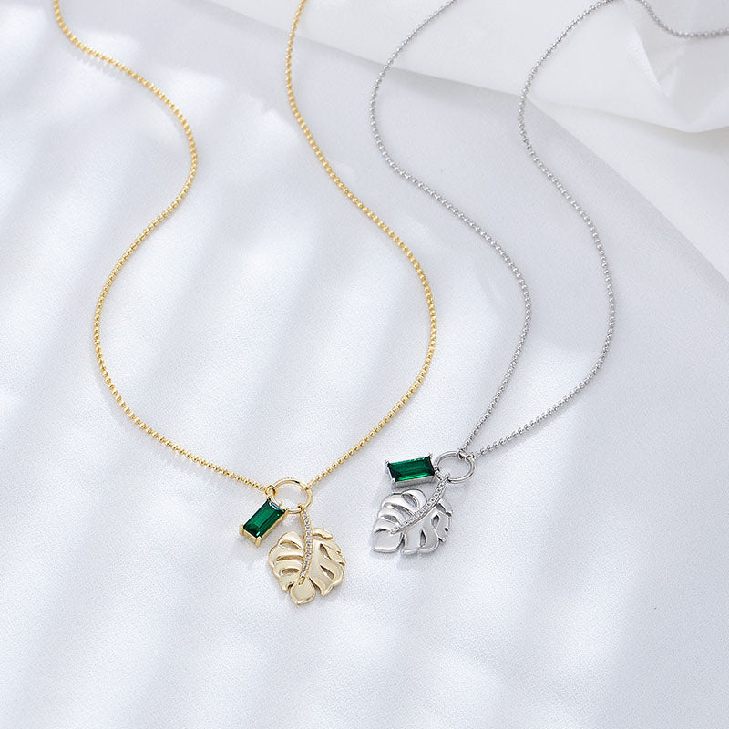 Sterling Silver Green CZ Leaf Pendant Necklace