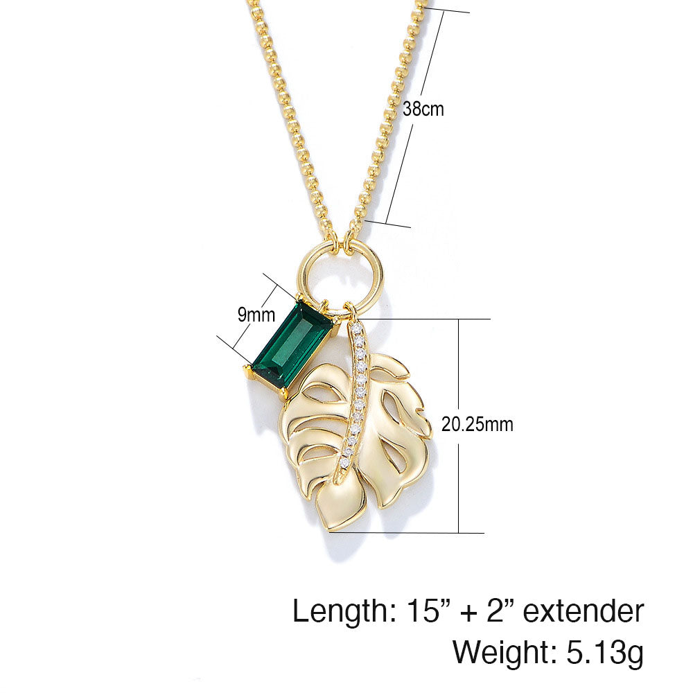 Sterling Silver Green CZ Leaf Pendant Necklace