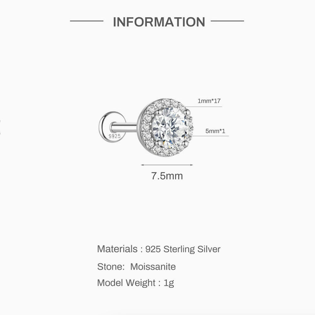 Jewelry earring with measurements and material details on a white background
