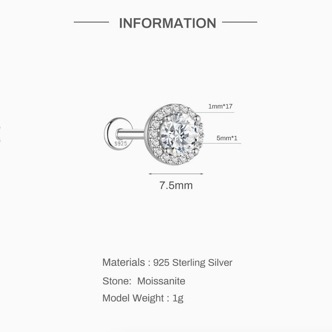 Jewelry earring with measurements and material details on a white background