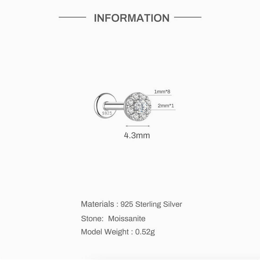 Jewelry information card with 925 Sterling Silver and Moissanite details on a white background