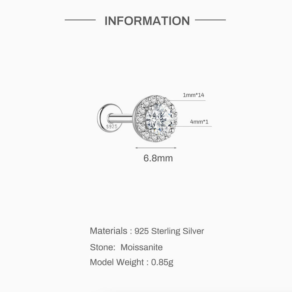 Heart-shaped silver earring with measurements and material details on a white background