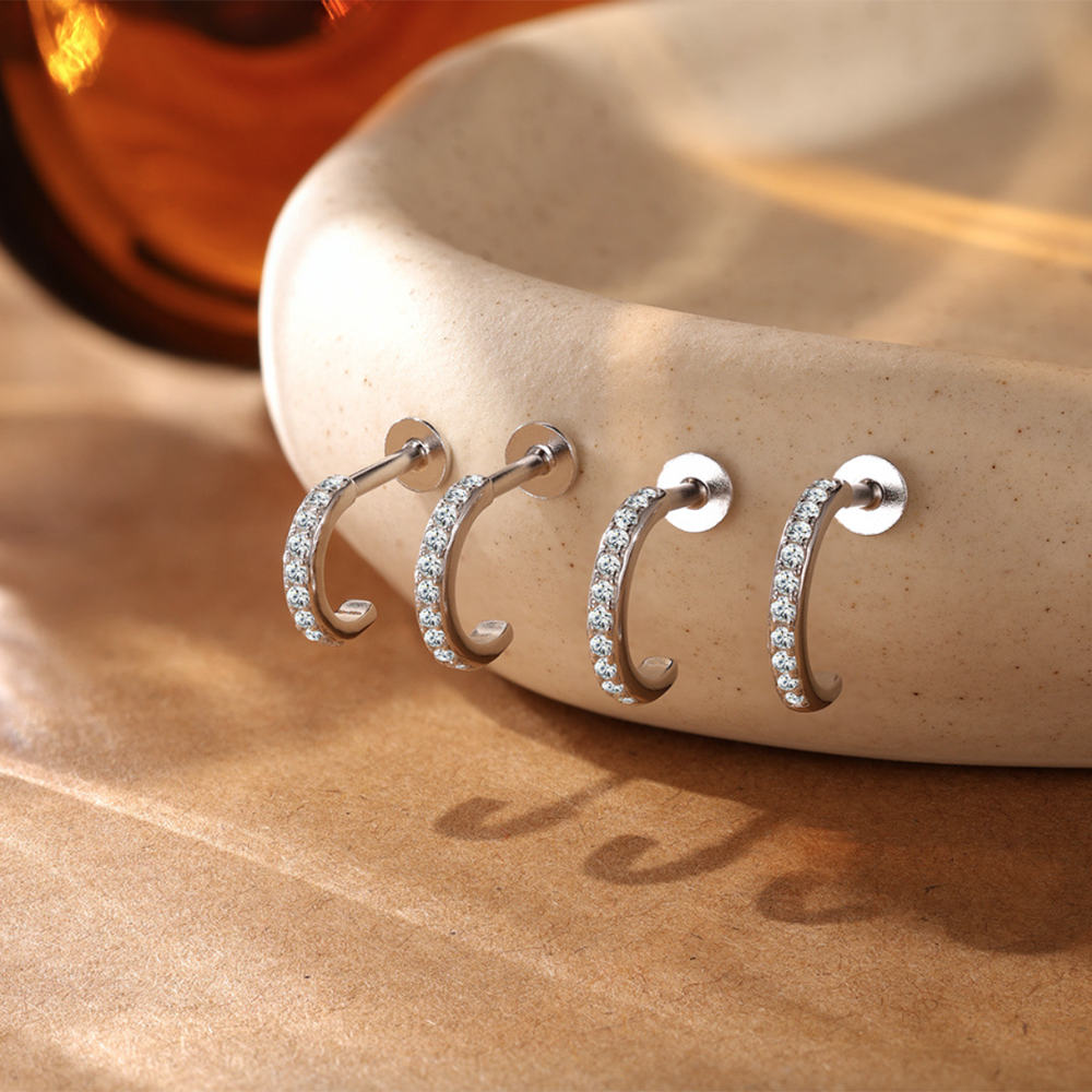 Sterling Silver Moissanite Open Hoop Screw-Back Cartilage Earrings